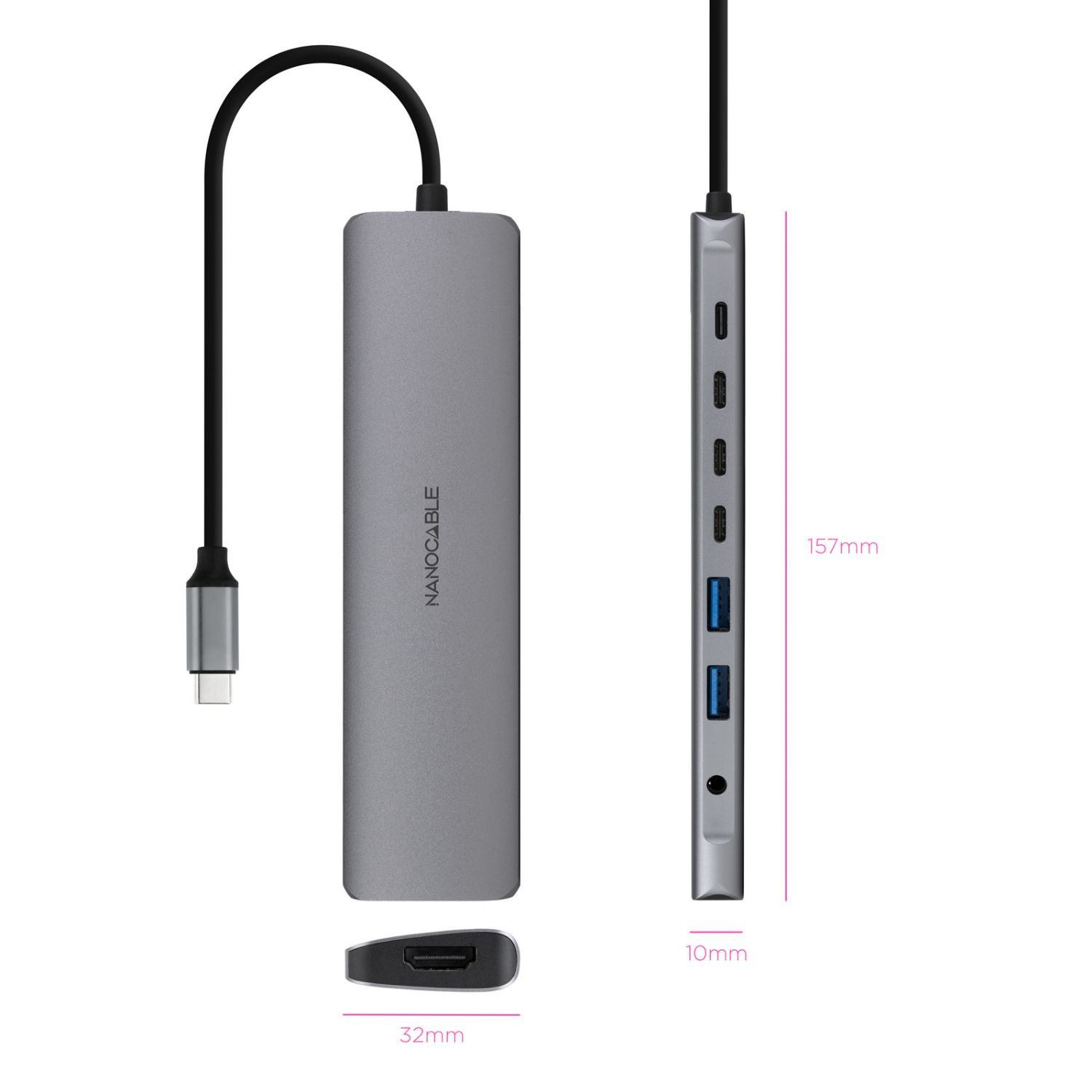 10.16.4608 - Docking Nanocable 8en1 Usb-C a 2xUsb/ 3xUsb-C/ 1xHDMI 4K/ 1xJack 3.5mm/ 1xUsb-C PD. Gris (10.16.4608)