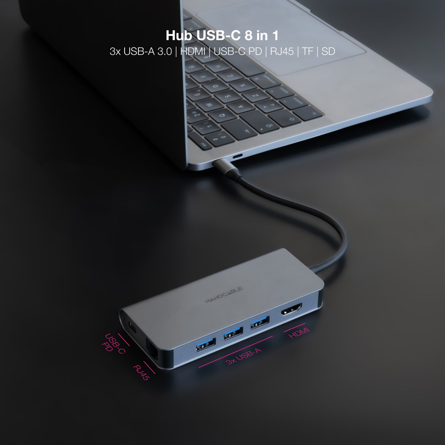 10.16.4609 - Docking Nanocable 8en1 Usb-C a 3xUsb/ 1xHDMI 4K/ 1xRJ45/ 1xLector tarjetas/ 1xUsb-C PD/ Gris (10.16.4609)