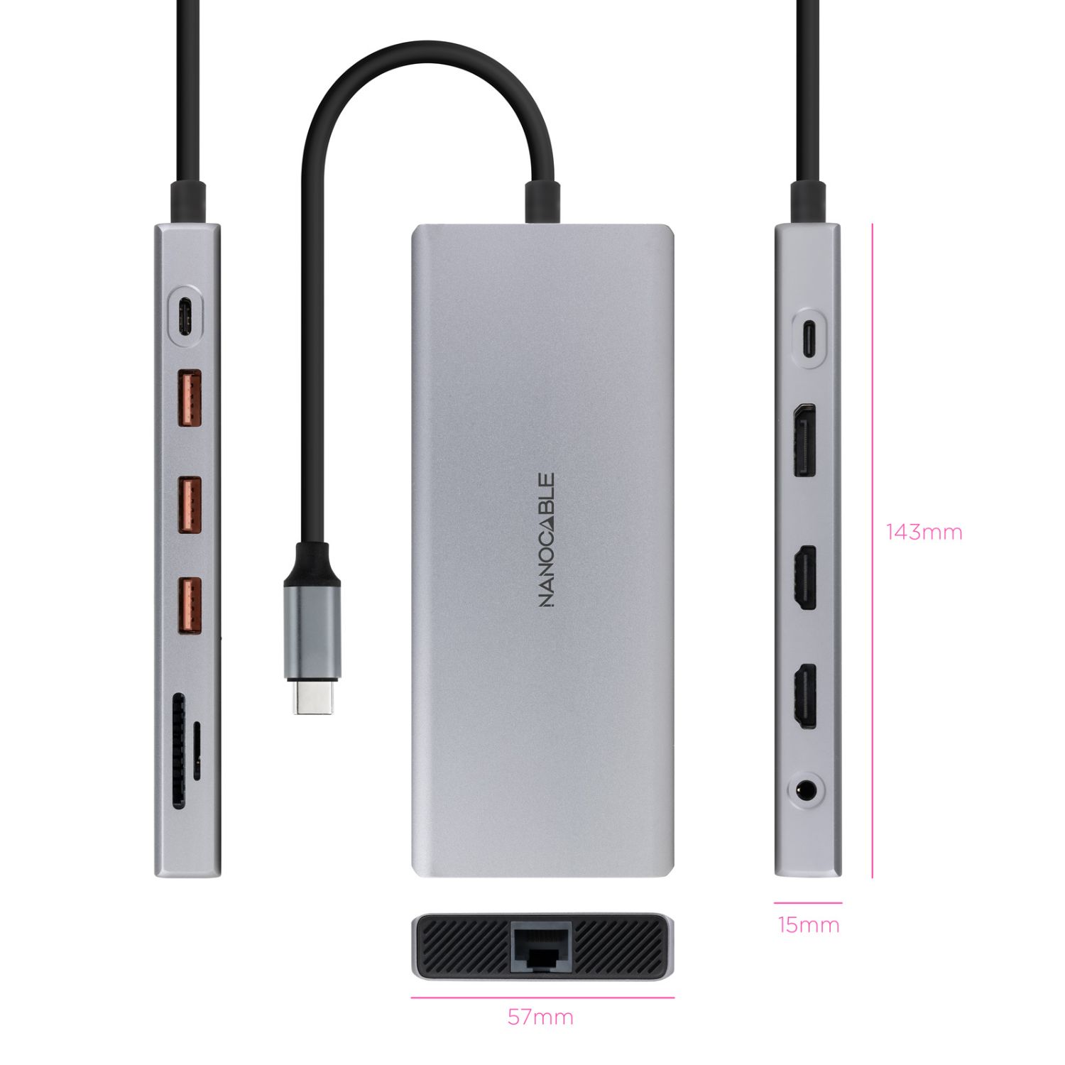 10.16.4612 - Docking Nanocable 12en1 Usb-C a 3xUsb/ 1xUsb-C/ 2xHDMI 4K/ 1xDisplayPort/ 1xRJ45/ 1xLector tarjetas/ 1xJack 3.5mm/ 1xUsb-C PD/ Gris (10.16.4612)
