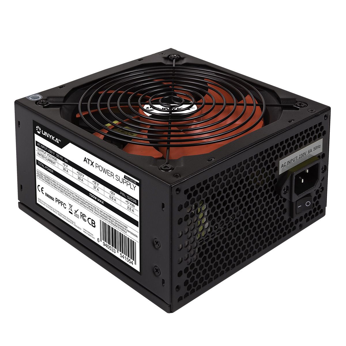 52036/Bulk - Fuente Gaming UNYKA ATX 700W PFC 140mm 24-pin ATX Molex SATA PCIe Bulk Negra/Ventilador Rojo (52036/Bulk)