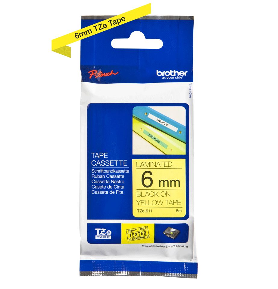 TZe-611 - Cinta Brother Laminada 6mm 8m Negro sobre Amarillo (TZe-611)