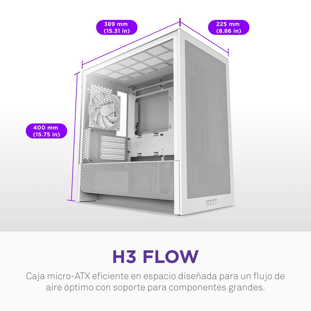 CC-H31FW-01 - Caja NZXT H3 Flow Panel Lateral de Cristal Templado 1xUSB-A 3.0 1xUSB-C 3.1 mATX Mini-ITX Blanca (CC-H31FW-01)
