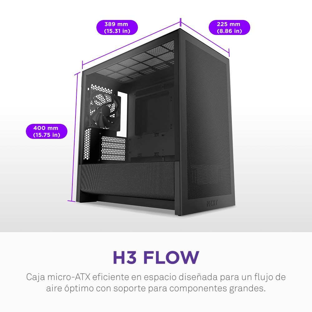 CC-H31FB-01 - Caja NZXT H3 Flow Panel Lateral de Cristal Templado 1xUSB-A 3.0 1xUSB-C 3.1 mATX Mini-ITX Negra (CC-H31FB-01)