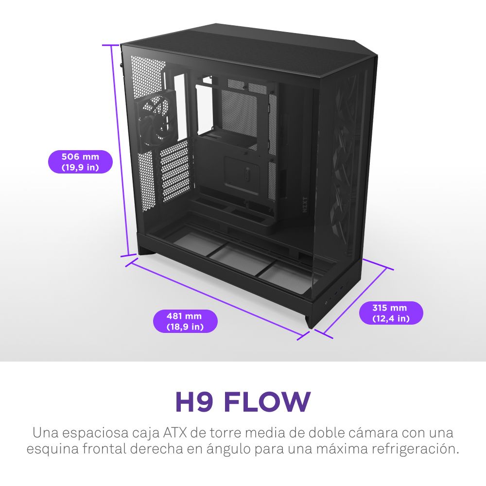 CM-H92FB-01 - Caja Gaming NZXT H9 Flow Panel Lateral de Cristal Templado 2xUSB-A 3.0 1xUSB-C 3.1 ATX EATX mATX Mini-ITX Negra (CM-H92FB-01)