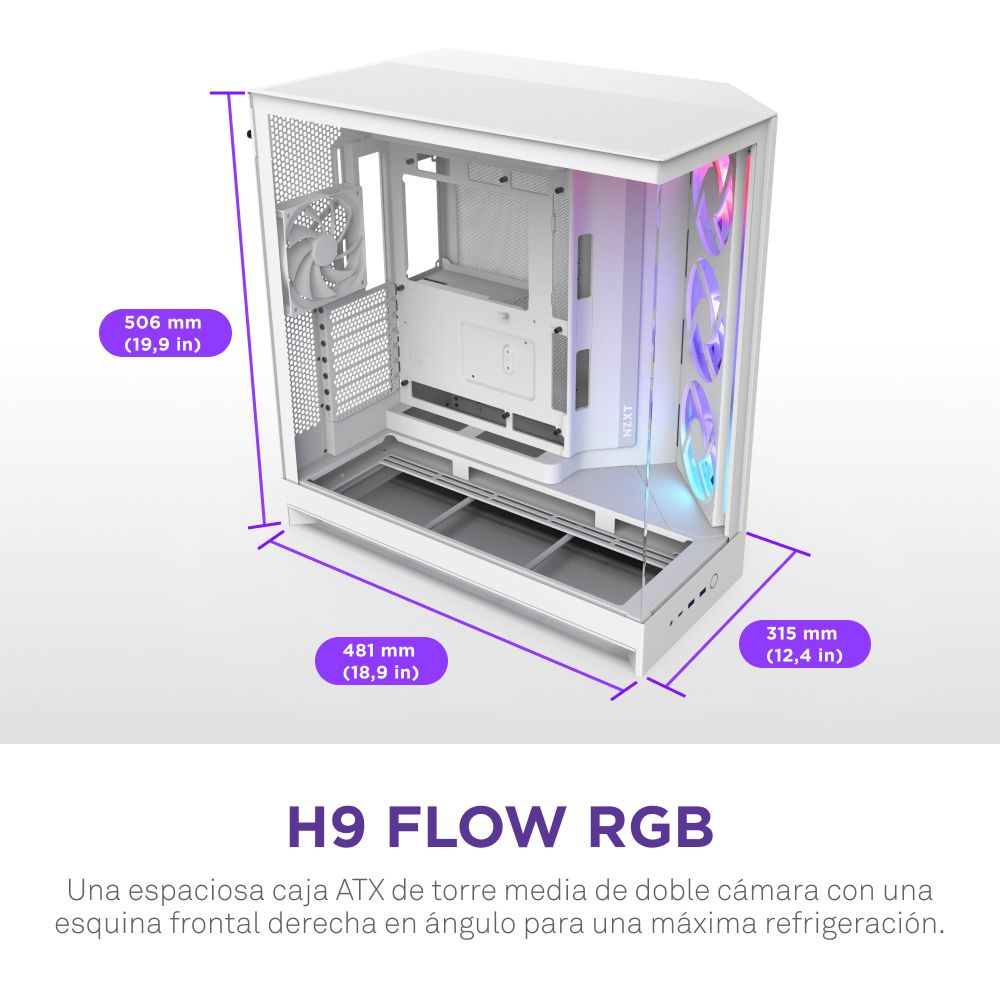 CM-H92FW-R1 - Caja NZXT H9 Flow Panel Lateral de Cristal Templado RGB 2xUSB-A 3.0 1xUSB-C 3.1 ATX EATX mATX Mini-ITX Blanca (CM-H92FW-R1)