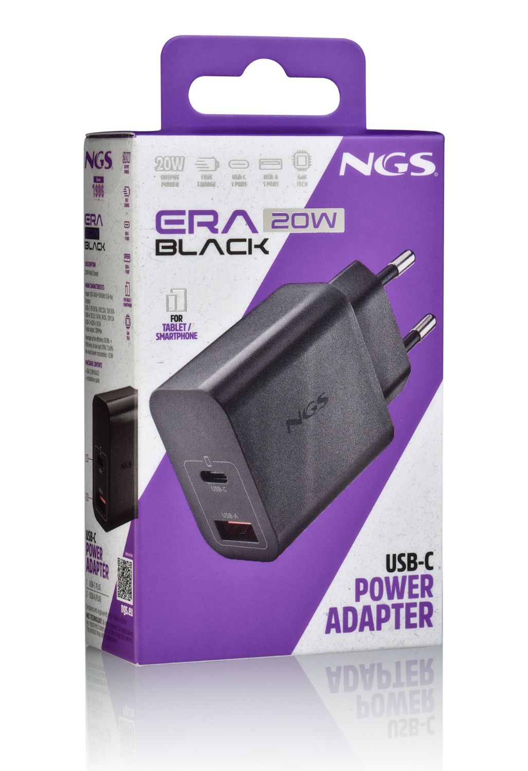 ERA20WBLACK - Cargador de Pared NGS GaN 20W 1xUSB-A PD/PPS 1xUSB-C QC 3.0 Negro (ERA20WBLACK)