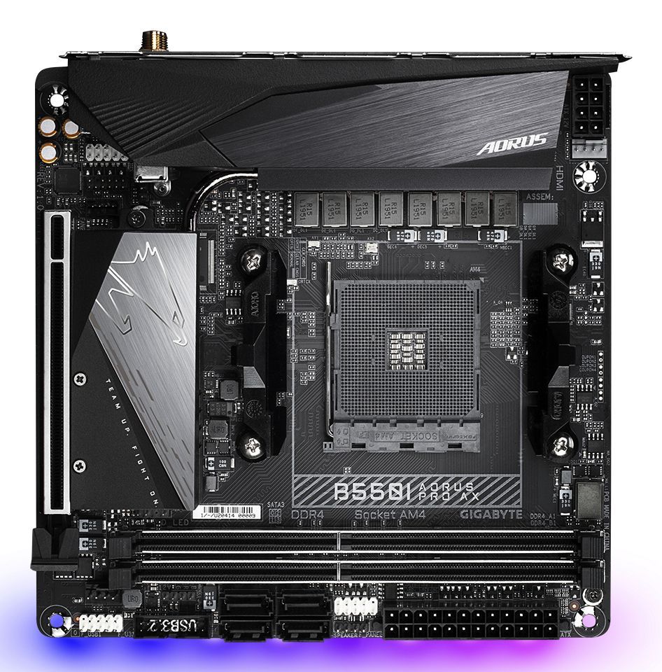GAB55IAPW-00-G - Placa base GIGABYTE B550I AORUS PRO AX: (AM4) 2DDR4 M.2 SATA3 USB-A USB-C USB 4.0 DP HDMI RJ45 Mini ITX 7.1 WiFi 6E Bluetooth 5.3 Ethernet 2.5GbE