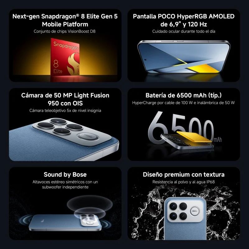 XIA-SP POCO F8U 16-512 BK - Smartphone XIAOMI Poco F8 Ultra 6.9? AMOLED Qualcomm Snapdragon 8 Elite Gen 5 12Gb 512Gb C�mara Trasera Triple 50/50/50mp C�mara Frontal 32mp NFC USB-C IP68 WiFi 6 Bluetooth 5.3 5G Xiaomi HyperOS 3 Negro (MZB0M43EU)