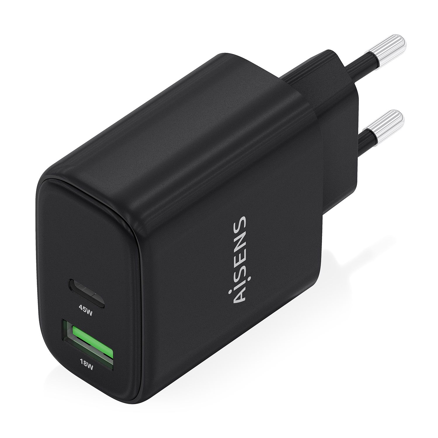 A110-0972 - Cargador de Pared AISENS GaN 45W 1xUSB-A QC 3.0 1xUSB-C PD 3.0 QC 4.0 Negro (A110-0972)
