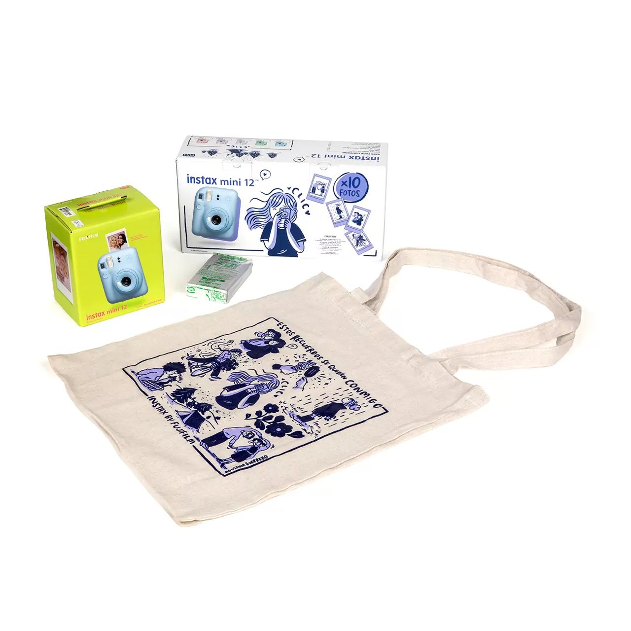 70100171929 - C�mara Fujiflim Instax mini 12, Kit navidad Pastel Blue.incluye Tote Bag, Pack 10hojas, Correa, Bateria AA