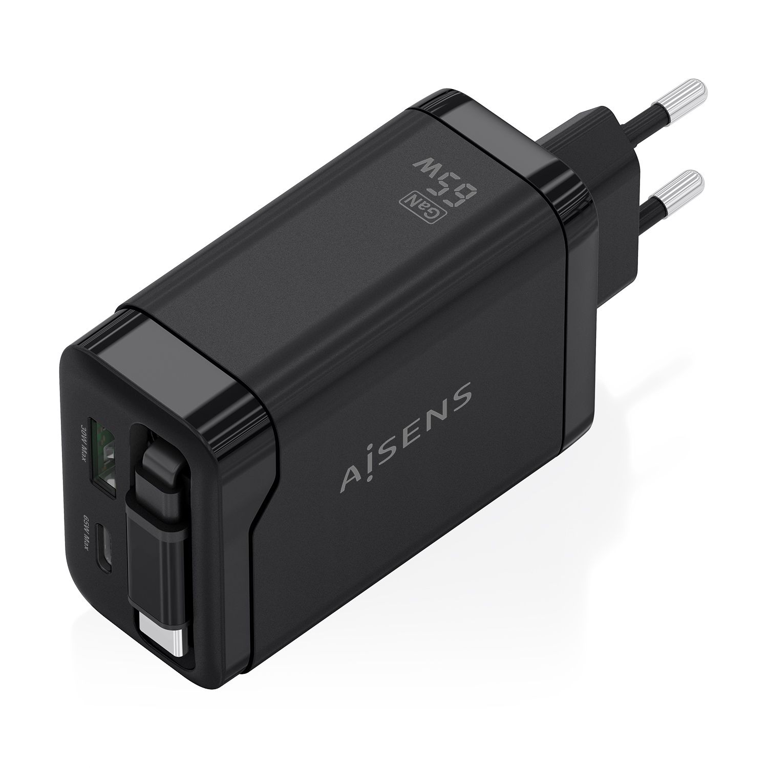 ASCH-65W3P071-BK - Cargador de Pared Aisens GaN 1Usb-A, 1Usb-C PD3.0, 65W Cable Retr�ctil Usb-C, Negro. (ASCH-65W3P071-BK)