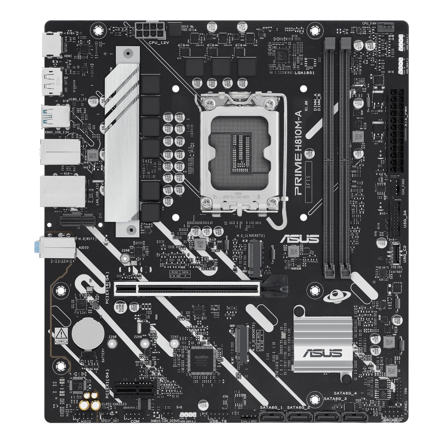 90MB1KK0-M0EAYC - Placa base ASUS PRIME H810M-A-CSM: (1851) 2DDR5 M.2 SATA3 PCIe 4.0 USB 2.0/3.0 HDMI DP RJ45 PS/2 mATX 7.1 Ethernet GbE (90MB1KK0-M0EAYC)
