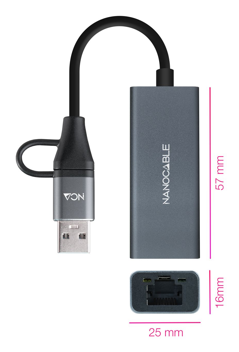 10.03.0411 - Conversor Nanocable USB-A+USB-C/M 3.0 a RJ45 15cm Gris (10.03.0411)