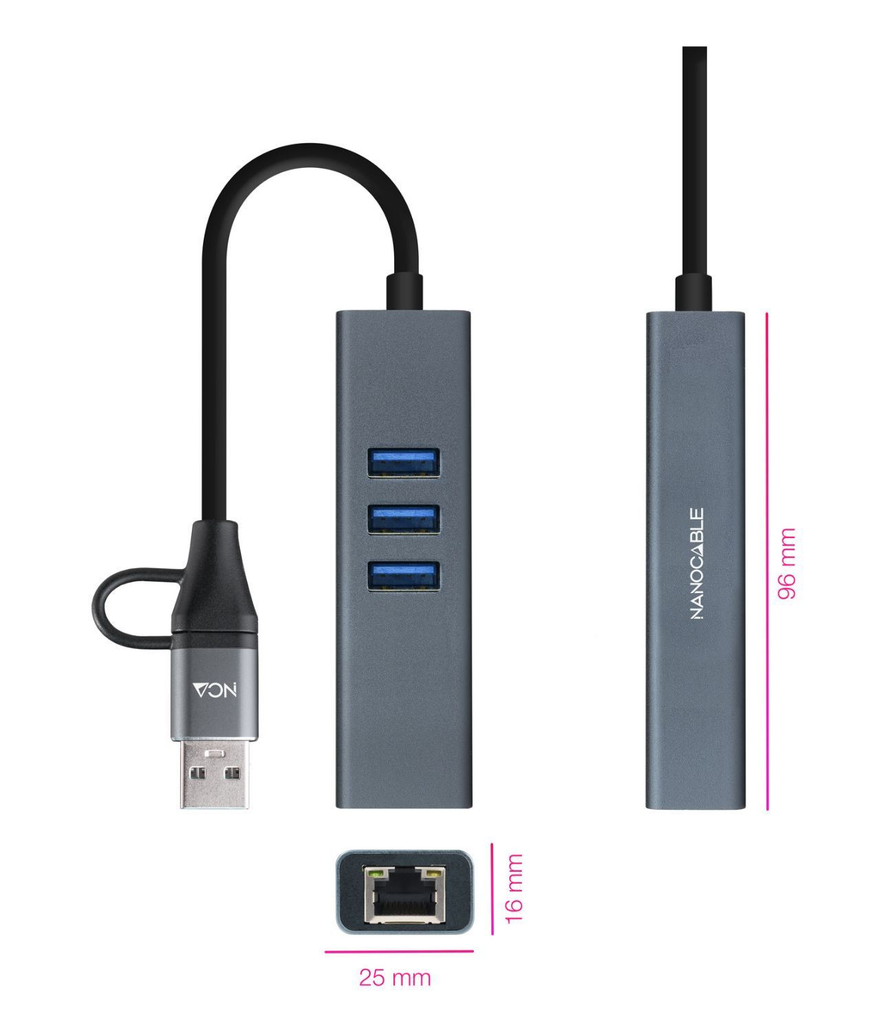 10.03.0412 - Conversor Nanocable USB-A+USB-C/M 3.0 a RJ45+3xUSB-A 3.0 15cm Gris (10.03.0412)