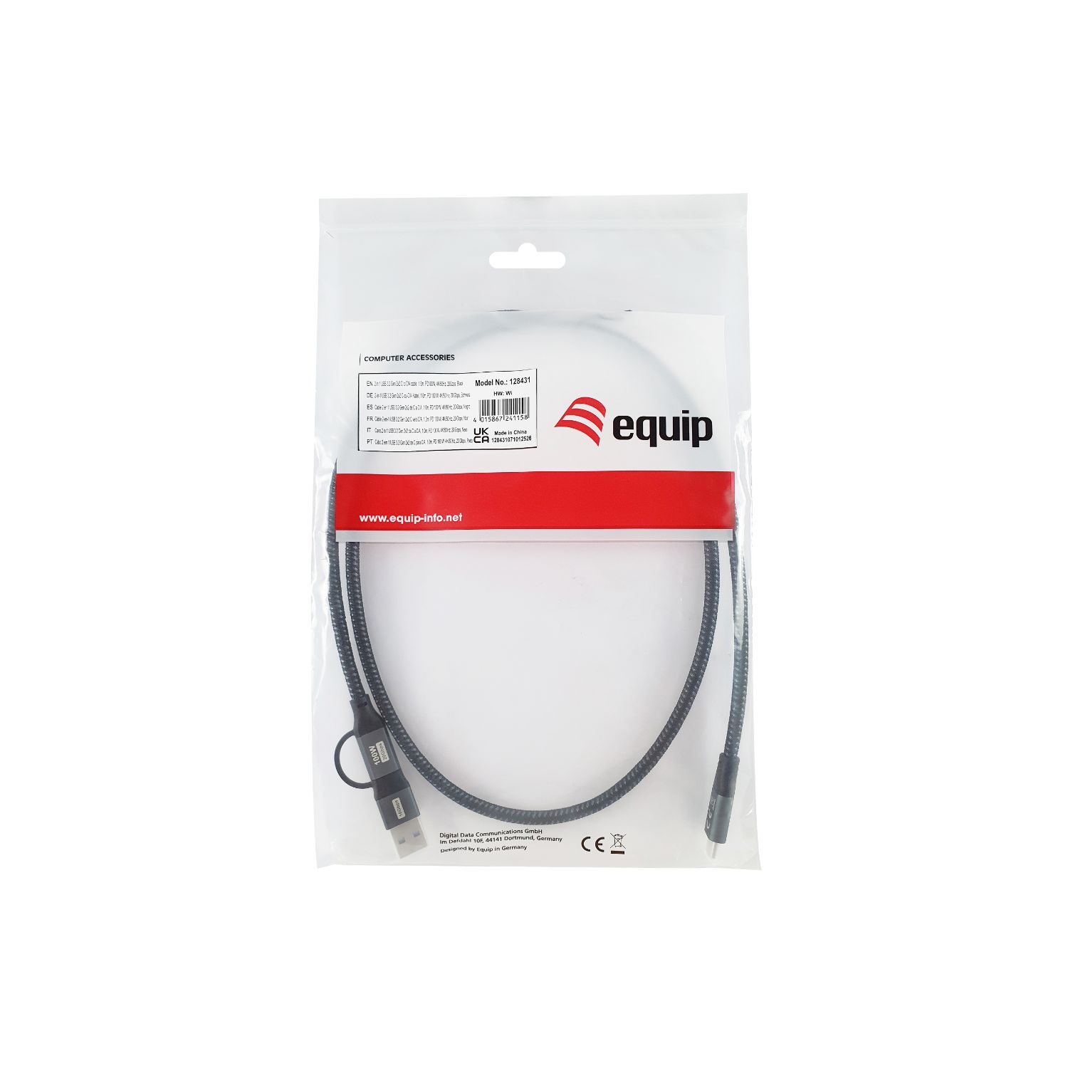 128431 - Cable EQUIP USB-C a USB-C 100W + Adaptador USB-A Trenzado 1m Negro (128431)