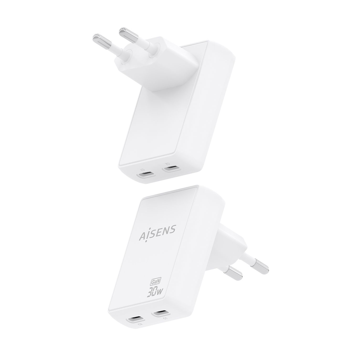 ASCH-30W2P075-W - Cargador de Pared AISENS GaN 30W PD 3.0 QC 3.0 2xUSB-C Blanco (ASCH-30W2P075-W)