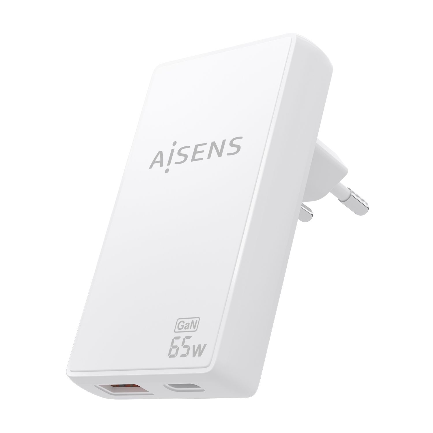 ASCH-65W2P076-W - Cargador de Pared AISENS GaN 65W PD 3.0 QC 3.0 1xUSB-A 1xUSB-C Blanco (ASCH-65W2P076-W)