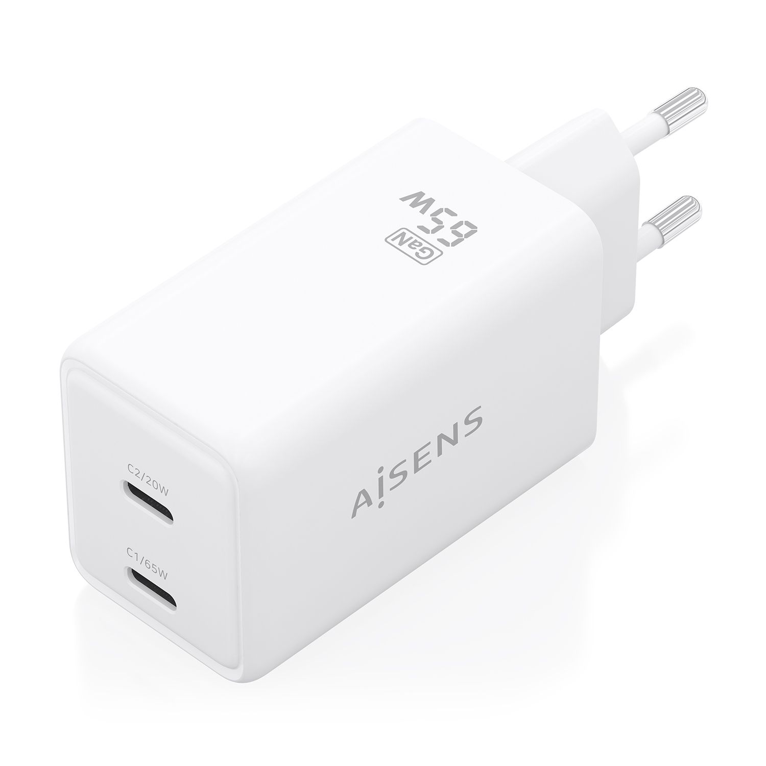 ASCH-65W2P078-W - Cargador de Pared AISENS GaN 65W PD 3.0 QC 3.0 2xUSB-C Blanco (ASCH-65W2P078-W)