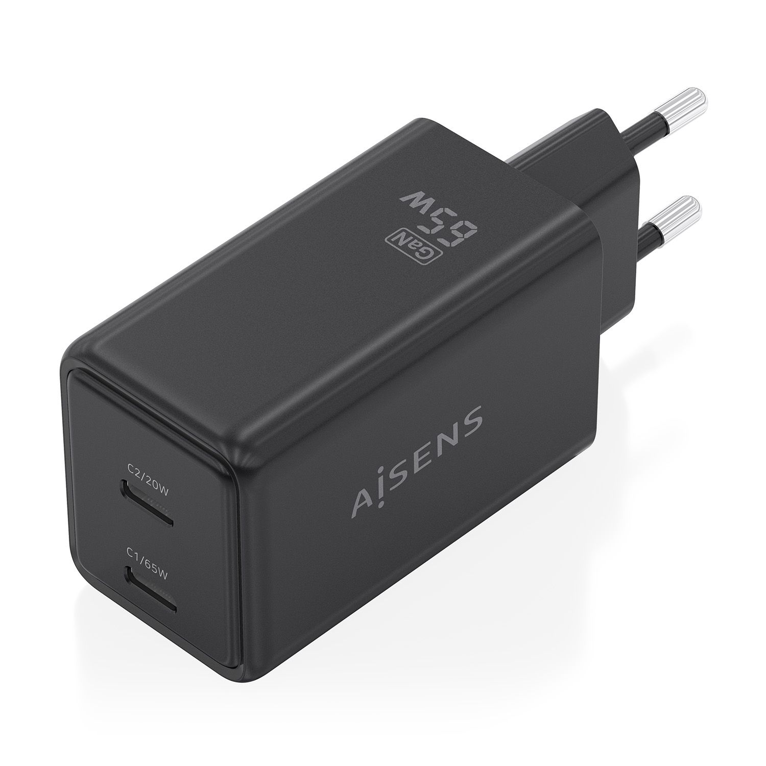 ASCH-65W2P079-BK - Cargador de Pared AISENS GaN 65W PD 3.0 QC 3.0 2xUSB-C Negro (ASCH-65W2P079-BK)