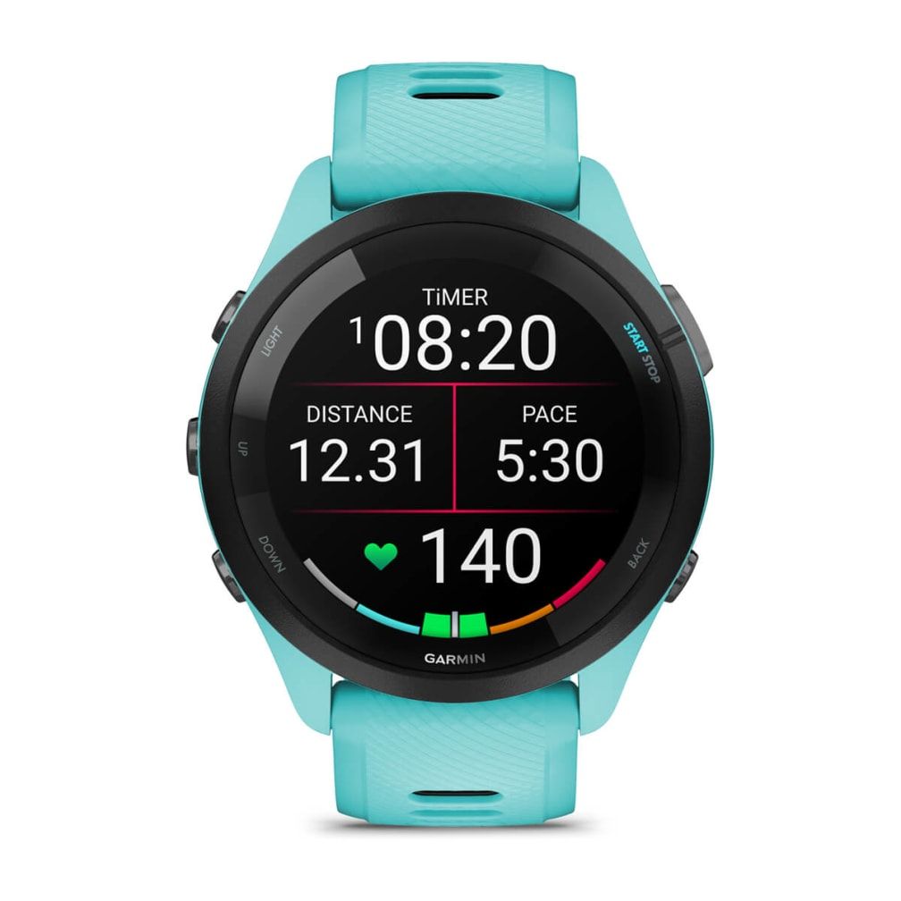 010-02810-12 - Smartwatch Garmin Forerunner 265 46mm Bisel negro con carcasa en turquesa y correa de silicona en turquesa/negro. (010-02810-12)