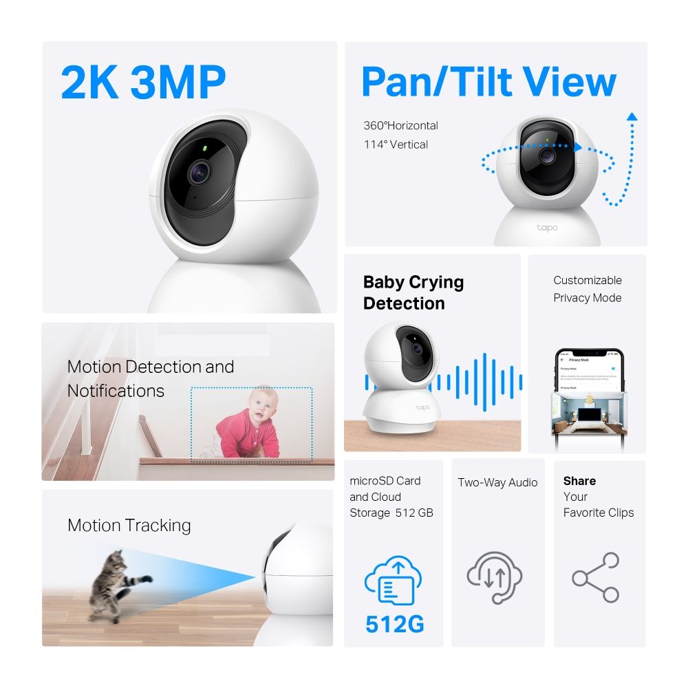 TC71(2-PACK) - C�mara IP TP-Link Pack de 2 uds. 2K 3mp H.264 360� Altavoces/Micr�fono Integrados WiFi 4 Visi�n Nocturna 9m Interior Escritorio Blanca (TC71 2-PACK)