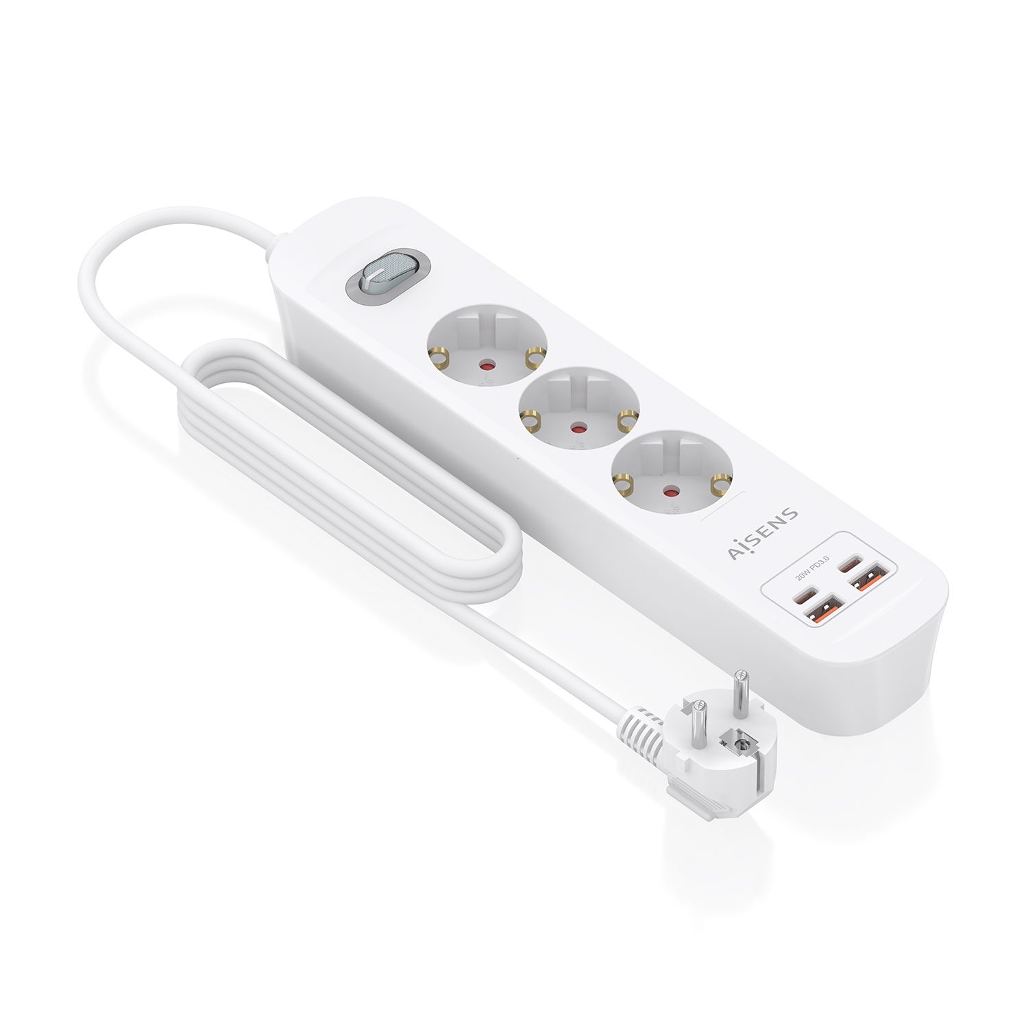 ASPS-2A2C10-W - Regleta AISENS 3 Tomas 2xUSB-C 2xUSB-A PD 3.0 QC 3.0 Cable 1.4m Blanca (ASPS-2A2C10-W)