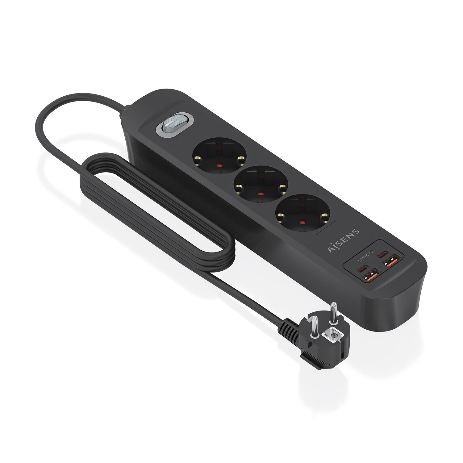 ASPS-2A2C11-BK - Regleta AISENS 3 Tomas 2xUSB-C 2xUSB-A PD 3.0 QC 3.0 Cable 1.4m Negra (ASPS-2A2C11-BK)