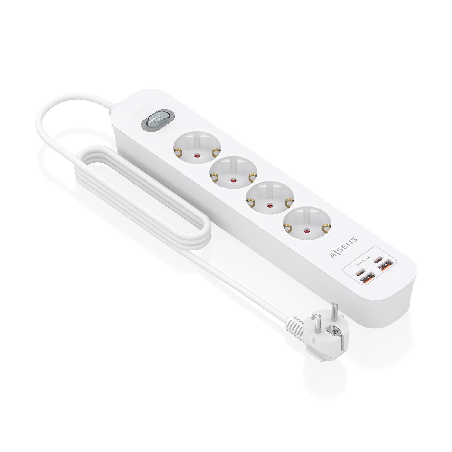 ASPS-2A2C12-W - Regleta AISENS 4 Tomas 2xUSB-C 2xUSB-A PD 3.0 QC 3.0 Cable 1.4m Blanca (ASPS-2A2C12-W)