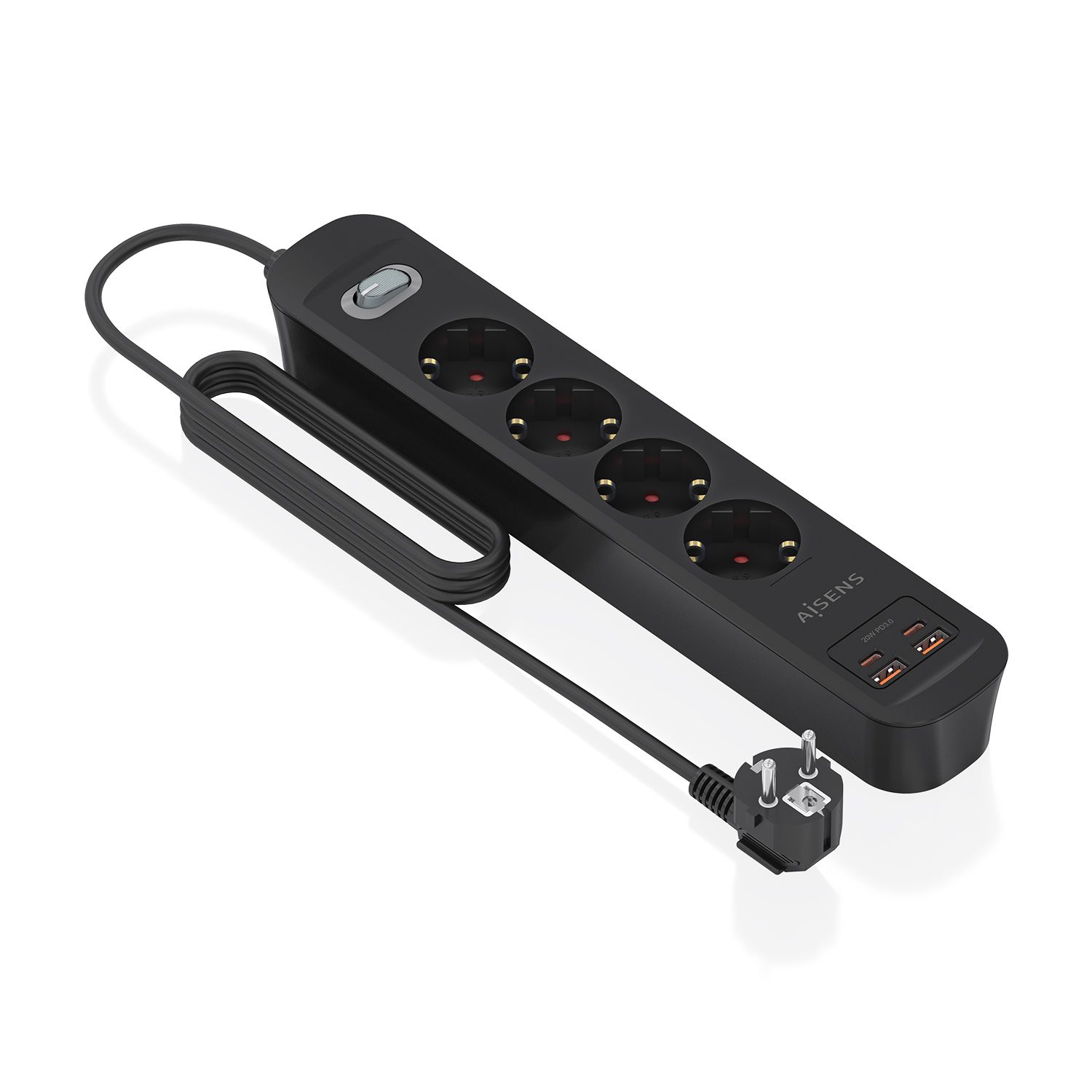 ASPS-2A2C13-BK - Regleta AISENS 4 Tomas 2xUSB-C 2xUSB-A PD 3.0 QC 3.0 Cable 1.4m Negra (ASPS-2A2C13-BK)