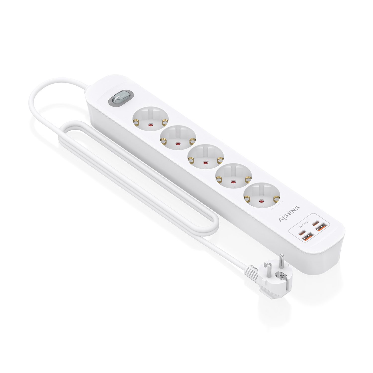 ASPS-2A2C14-W - Regleta AISENS 5 Tomas 2xUSB-C 2xUSB-A PD 3.0 QC 3.0 Cable 1.4m Blanca (ASPS-2A2C14-W)