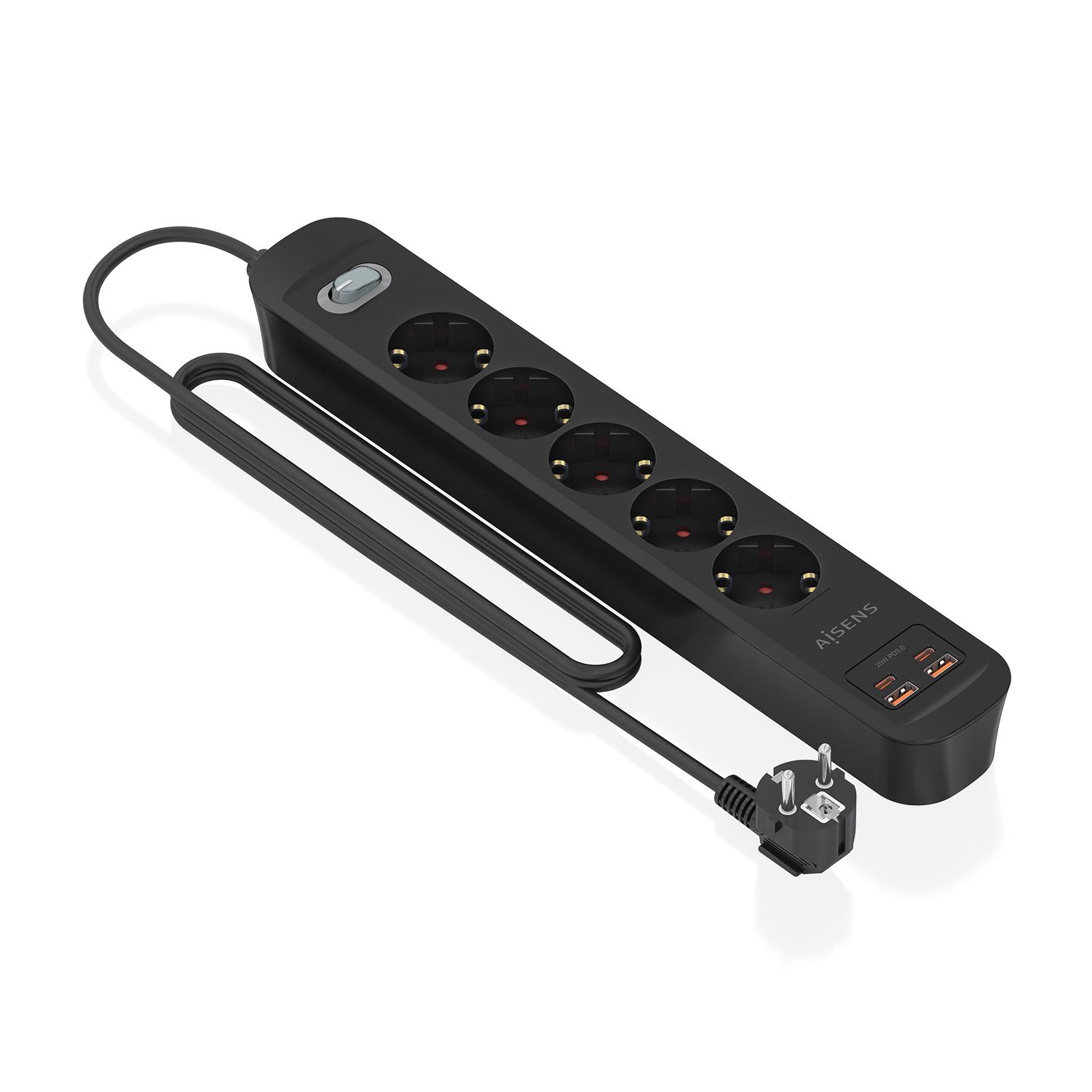 ASPS-2A2C15-BK - Regleta AISENS 5 Tomas 2xUSB-C 2xUSB-A PD 3.0 QC 3.0 Cable 1.4m Negra (ASPS-2A2C15-BK)