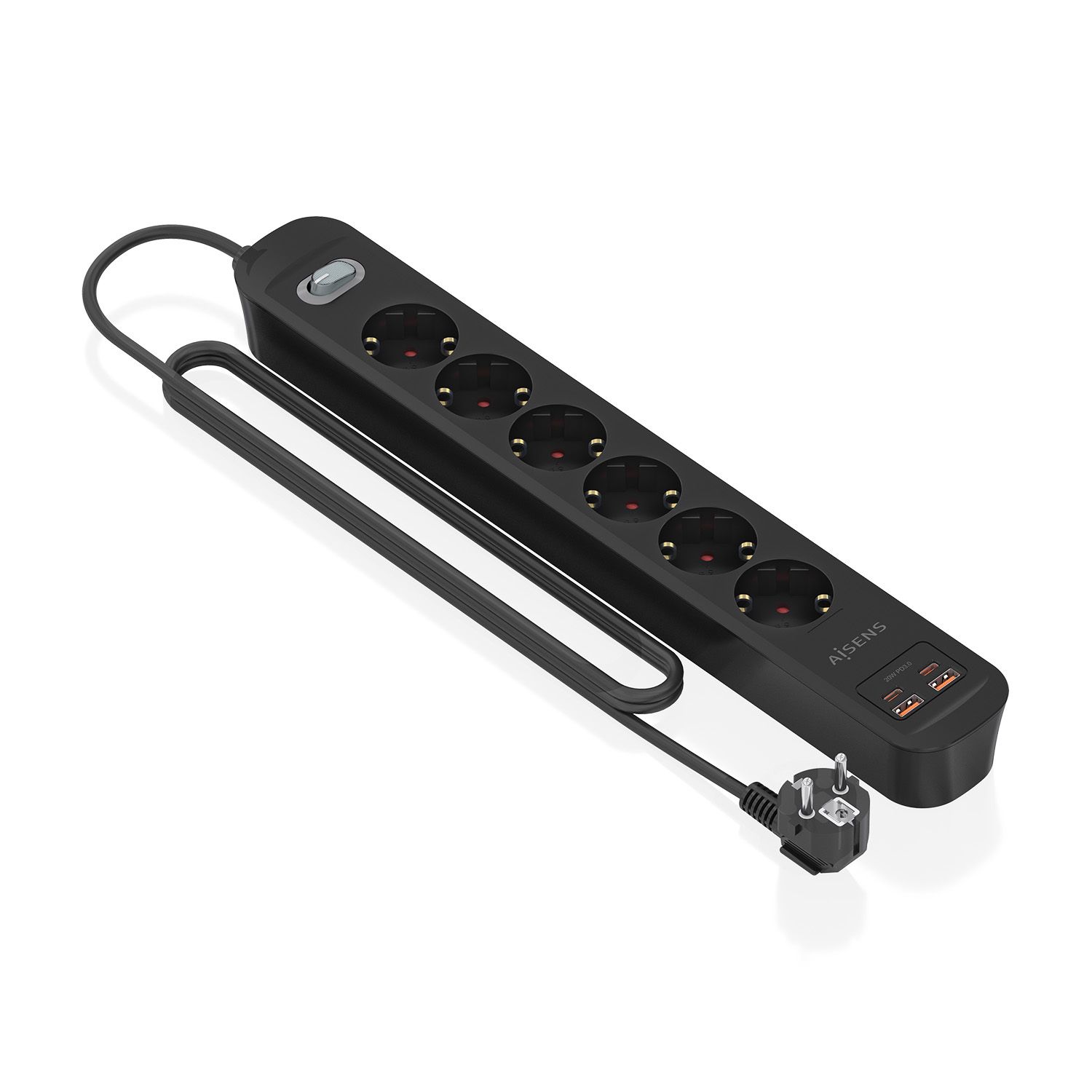 ASPS-2A2C17-BK - Regleta AISENS 6 Tomas 2xUSB-C 2xUSB-A PD 3.0 QC 3.0 Cable 1.4m Negra (ASPS-2A2C17-BK)