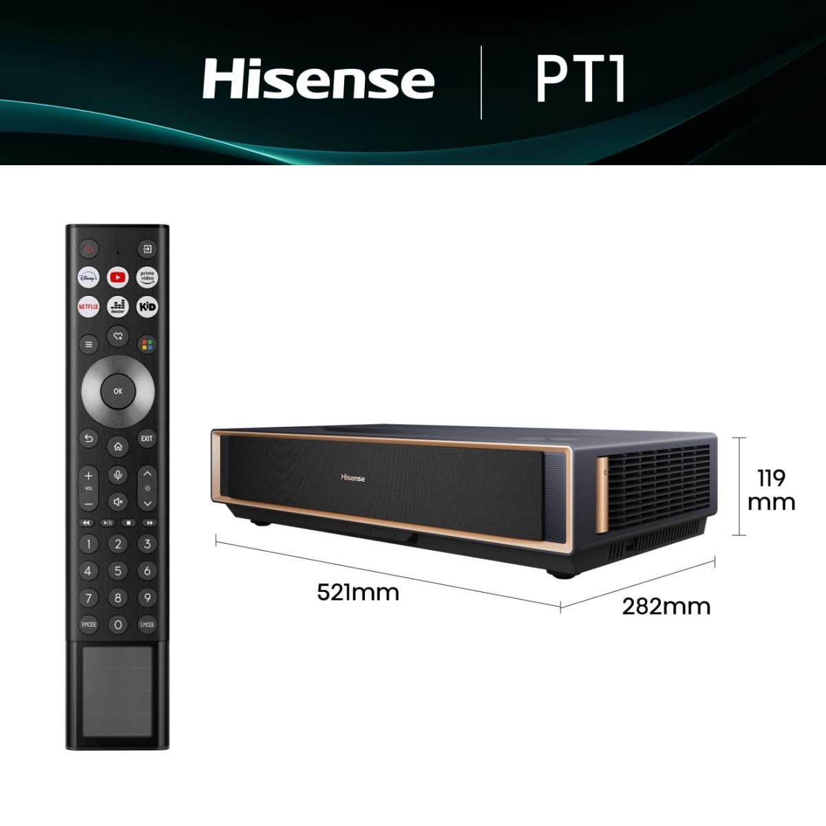 PT1 - Proyector Hisense L�ser Tricroma 16:9 4K UHD 3D 2500L Ultracorto 1xUSB 2.0 3xHDMI 2.0/2.1 WiFi Bluetooth Ethernet Smart TV VIDAA U7 Gris (PT1)