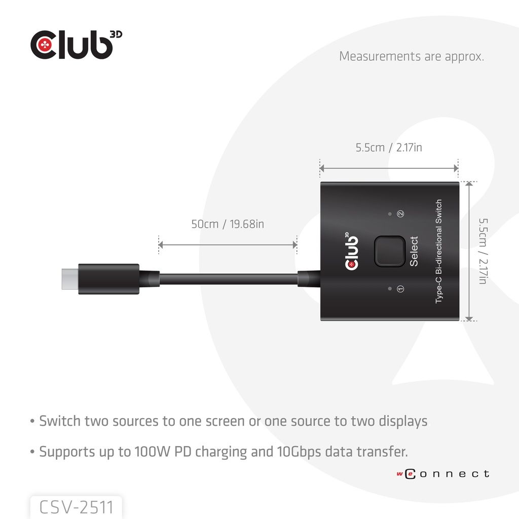 CSV-2511 - Switch Club 3D Bidireccional 8K UHD 2xUSB-C 2xDP Cable 0.5m Negro (CSV-2511)