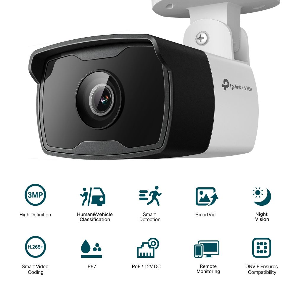 VIGI C330I(4MM) - C�mara IP Tp-Link 3MP.S�per C�mara IP TP-Link VIGI Bullet 3mp Sensor CMOS 117.9� Ethernet PoE IP67 Visi�n Nocturna Exterior Techo/Pared/Poste Negra/Blanca (VIGI C330I 4mm)