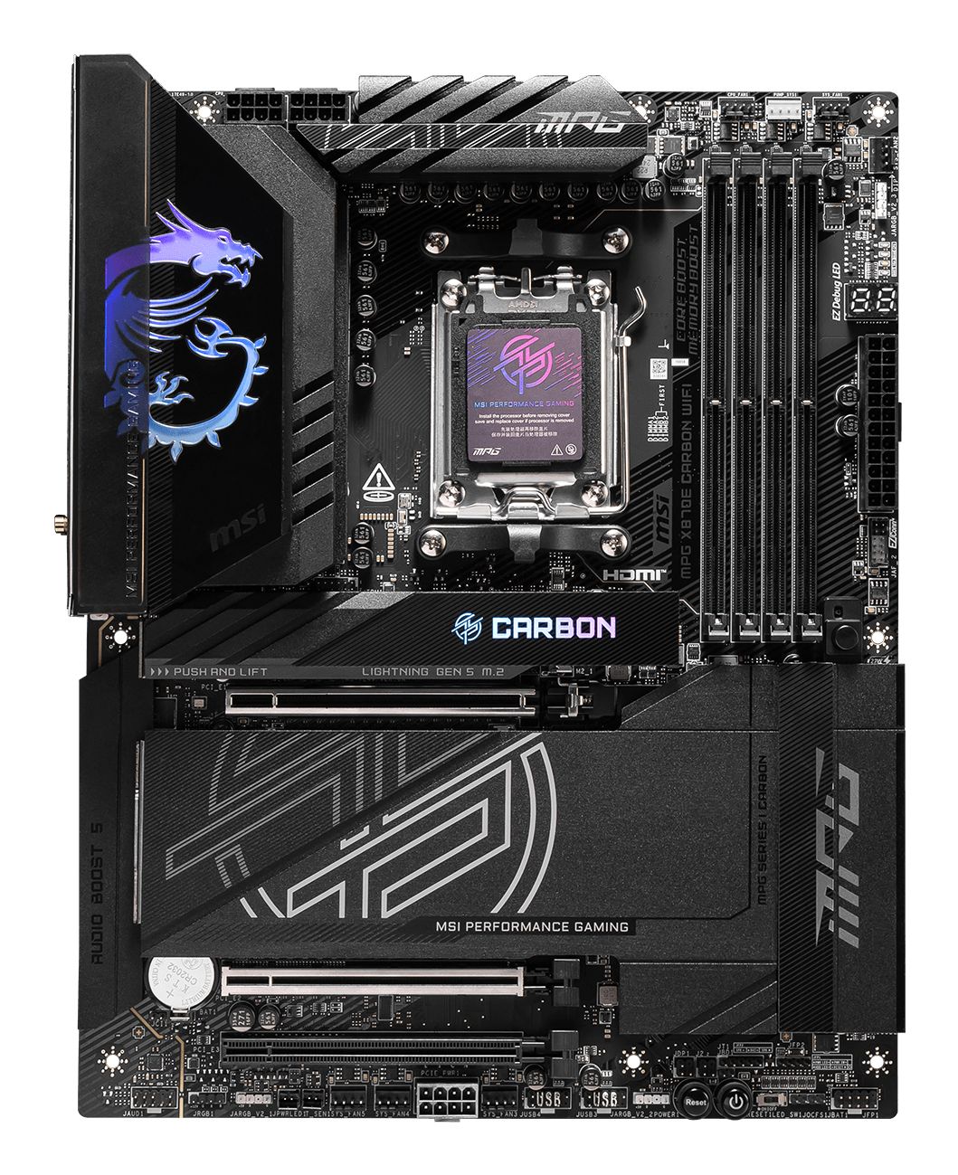 911-7E49-014 - Placa base MSI MPG X870E CARBON WIFI: (AM5) 4DDR5 M.2 SATA3 USB DP HDMI RJ45 ATX WiFi 7 Bluetooth 5.4 Ethernet 2.5 GbE (911-7E49-014)