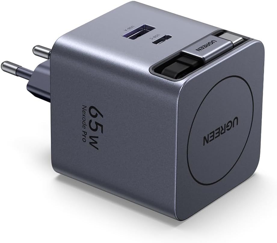 65825 - Cargador Ugreen GaN 65W 1xUSB-A 1xUSB-C Carga R�pida Cable Retr�ctil Gris (65825)