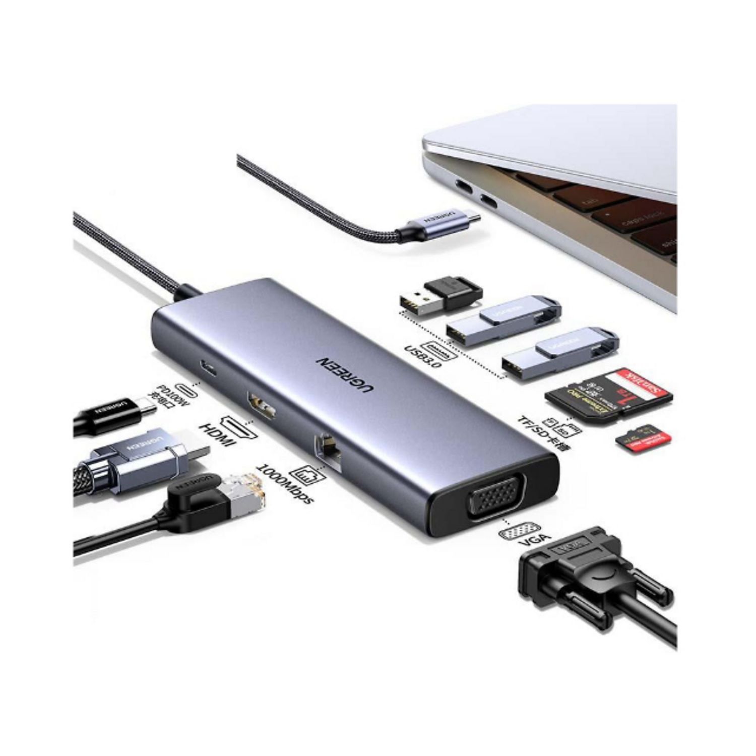 UG15600 - Hub Ugreen Revodok USB-C 6-IN-1. 4K HDMI. x3USB 3.0 x1HDMI x1VGA x1RJ45 x1SD x1microSD x1USB-C Power Delivery.GRIS (UG15600)