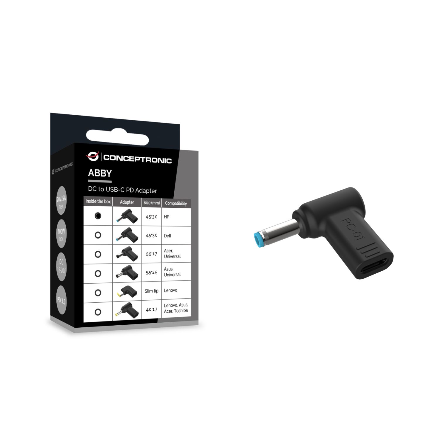 ABBY15PC01 - Adaptador CONCEPTRONIC USB-C a DC 4.5x3.0mm 18-20V para HP (ABBY15PC01)