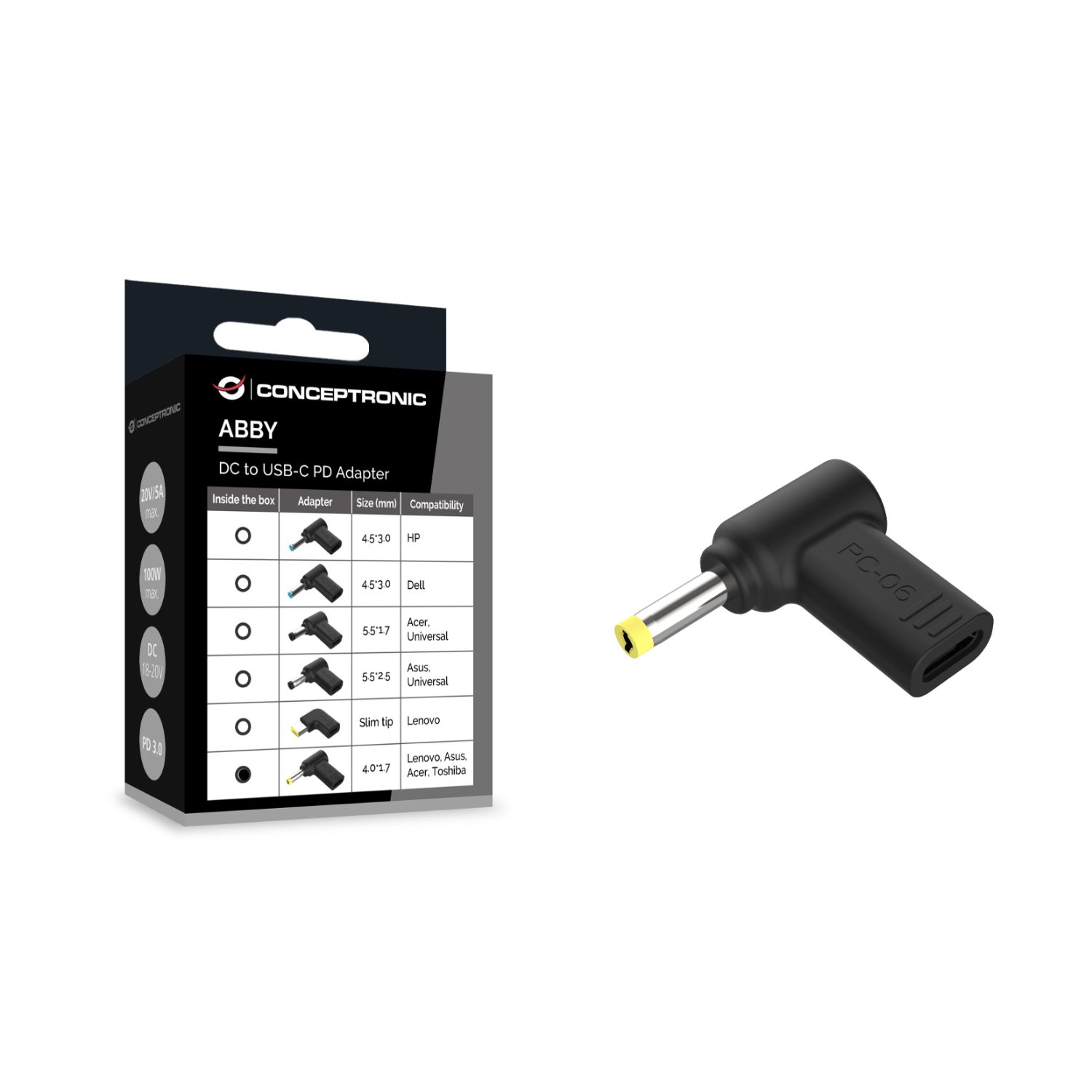 ABBY15PC06 - Adaptador CONCEPTRONIC USB-C a DC Lenovo/Asus/Acer/Toshiba 4.0x1.7mm 18-20V (ABBY15PC06)