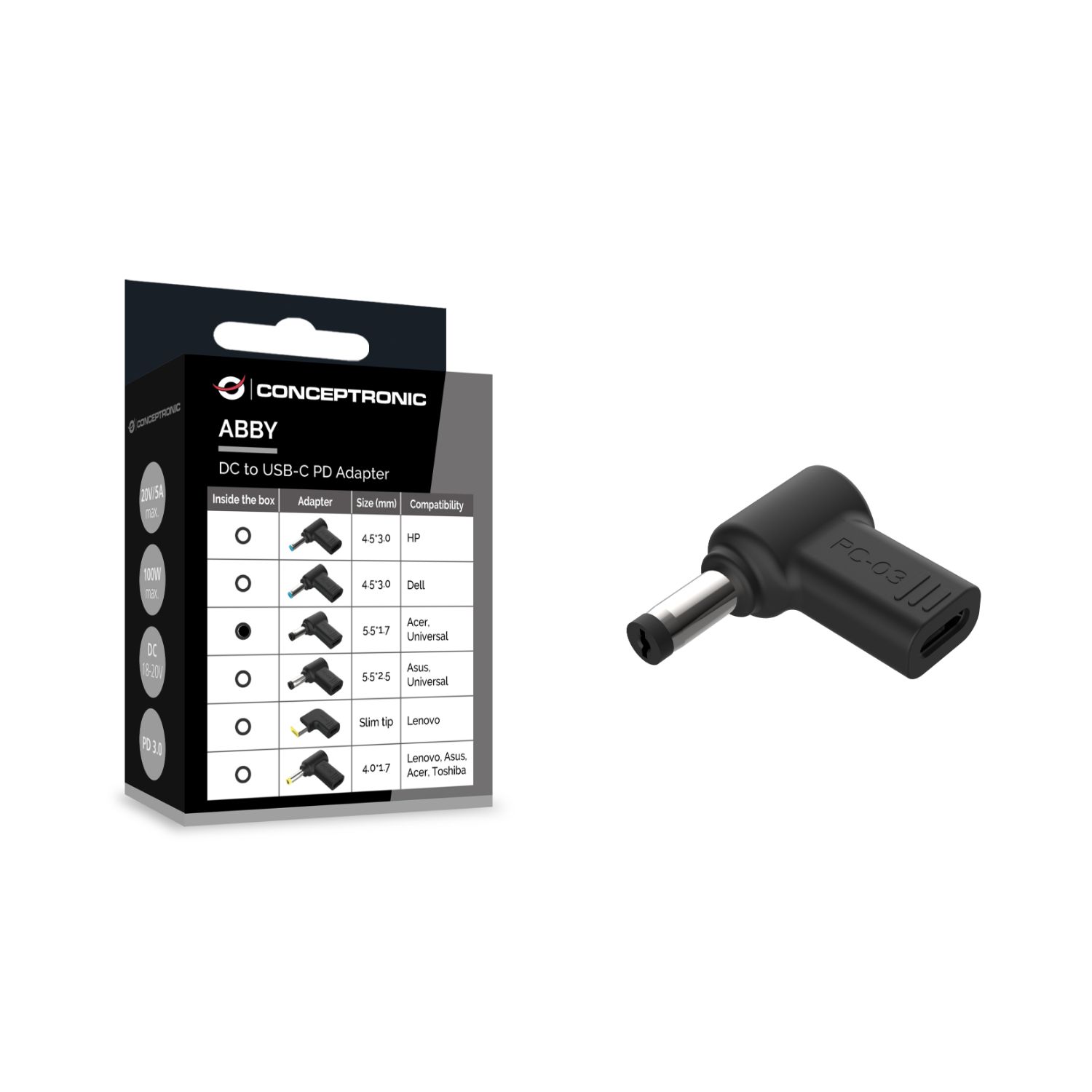 ABBY15PC03 - Adaptador USb CONCEPTRONIC USB-C a DC Acer/Universal 5.5x1.7mm 18-20V (ABBY15PC03)