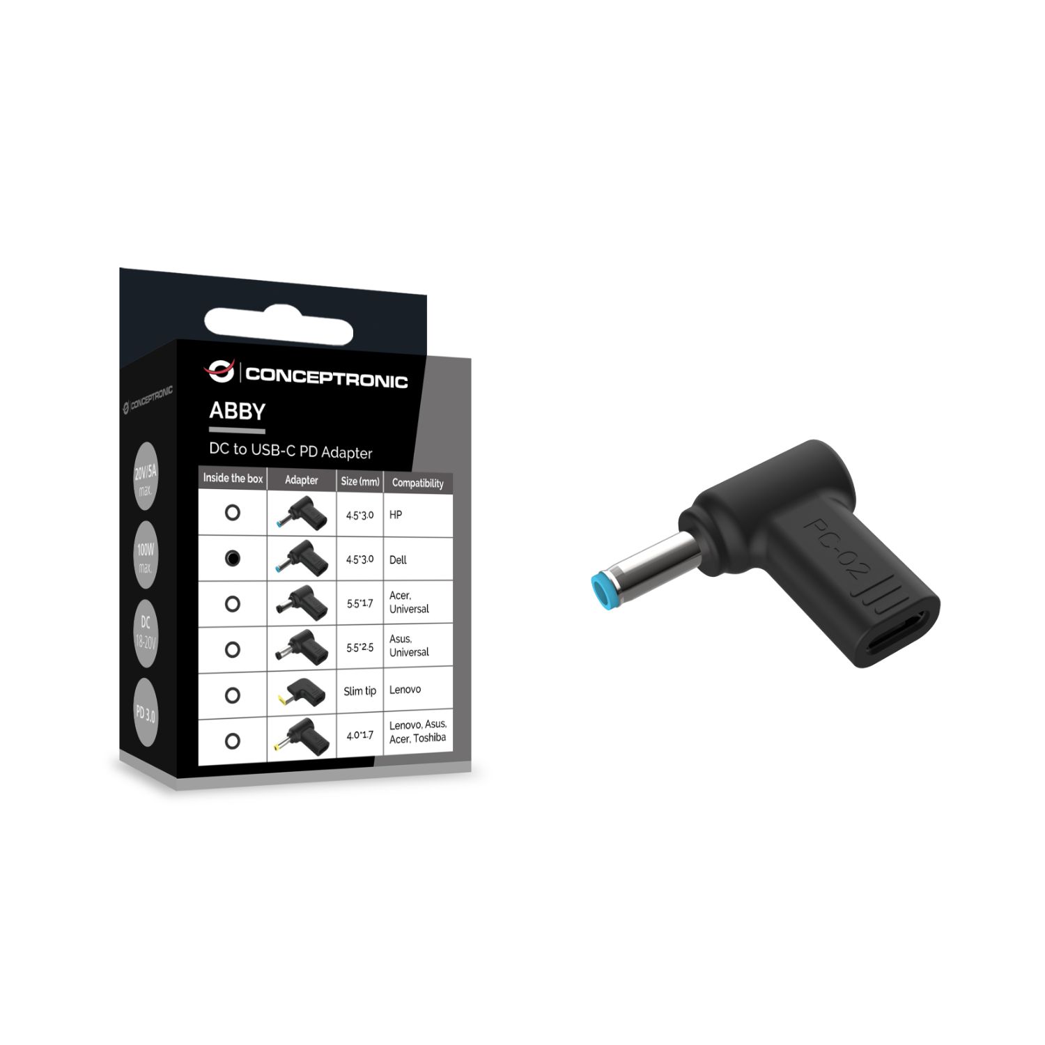 ABBY15PC02 - Adaptador CONCEPTRONIC USB-C a DC Dell/Universal 4.5x3mm 18-20V (ABBY15PC02)