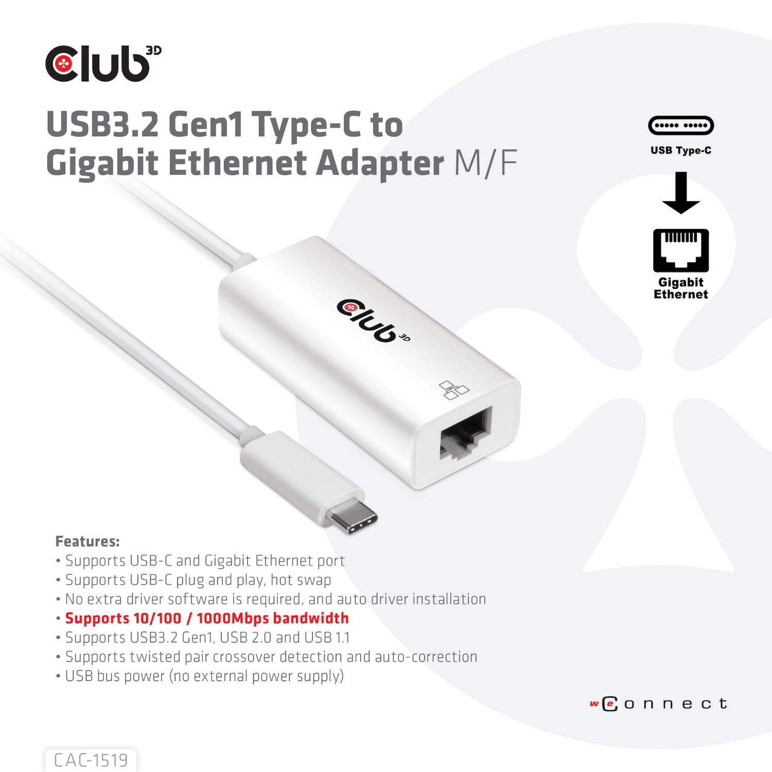CAC-1519 - Adaptador Club 3D USB-C/M a RJ45/H Ethernet GbE Blanco (CAC-1519)