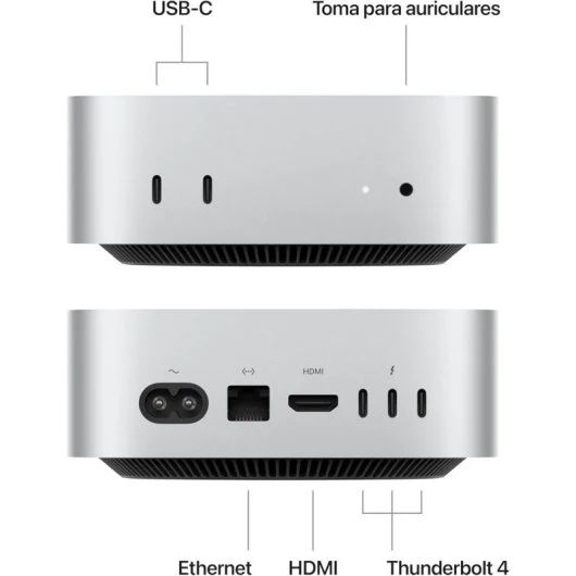 MCYT4YP/A - Apple Mac Mini M4 10 Ncleos 24Gb 512Gb SSD 2xUSB-C 3.1 3xThunderbolt 4 1xHDMI 1xRJ45 USB-C DP WiFi 6E Bluetooth 5.3 Ethernet GbE macOS Sequoia Plata (MCYT4YP/A)