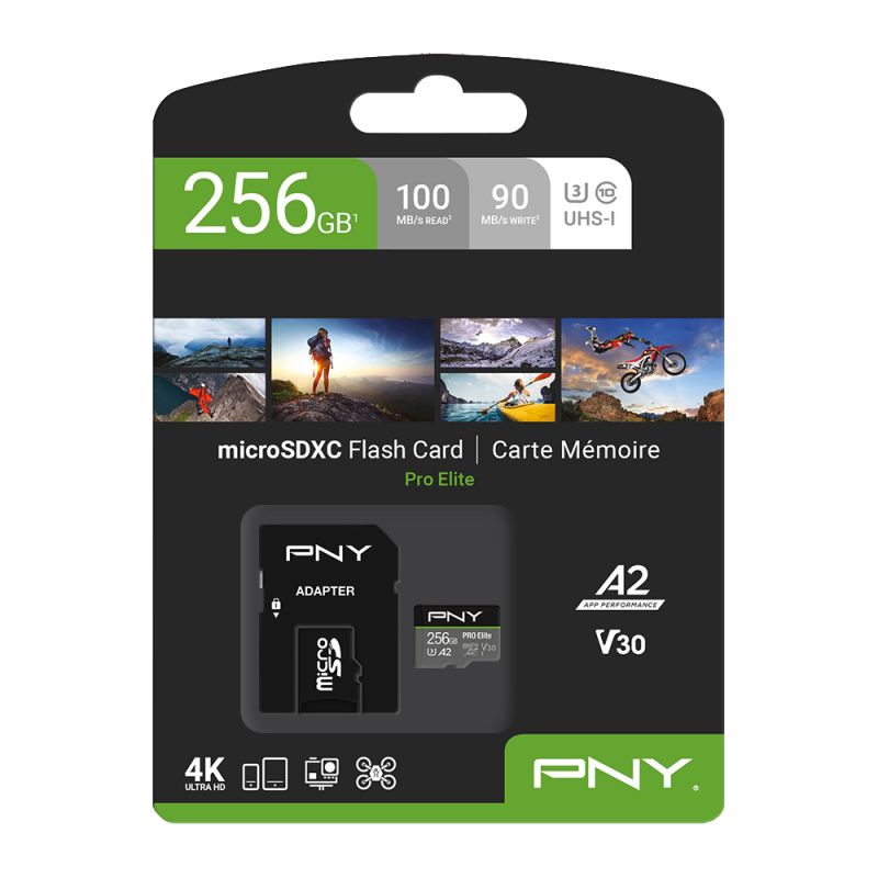 P-SDU256V32100PRO-GE - Tarjeta Memoria PNY Micro SDXC Pro Elite 256Gb Clase 10 UHS-I Class 3 (U3) V30 A2 Lectura 100 Mb/s Escritura 90 Mb/s Gris/Negro (P-SDU256V32100PRO-GE)