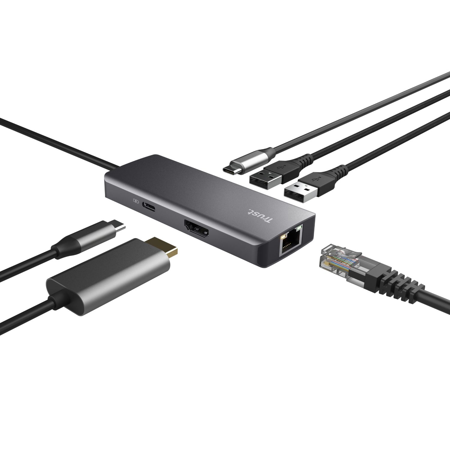 24968 - Adaptador Trust DALYX 6en1 USB-C a 2xUSB 2.0/2xUSB-C/1xHDMI/1xRJ45 Ethernet GbE Plata (24968)