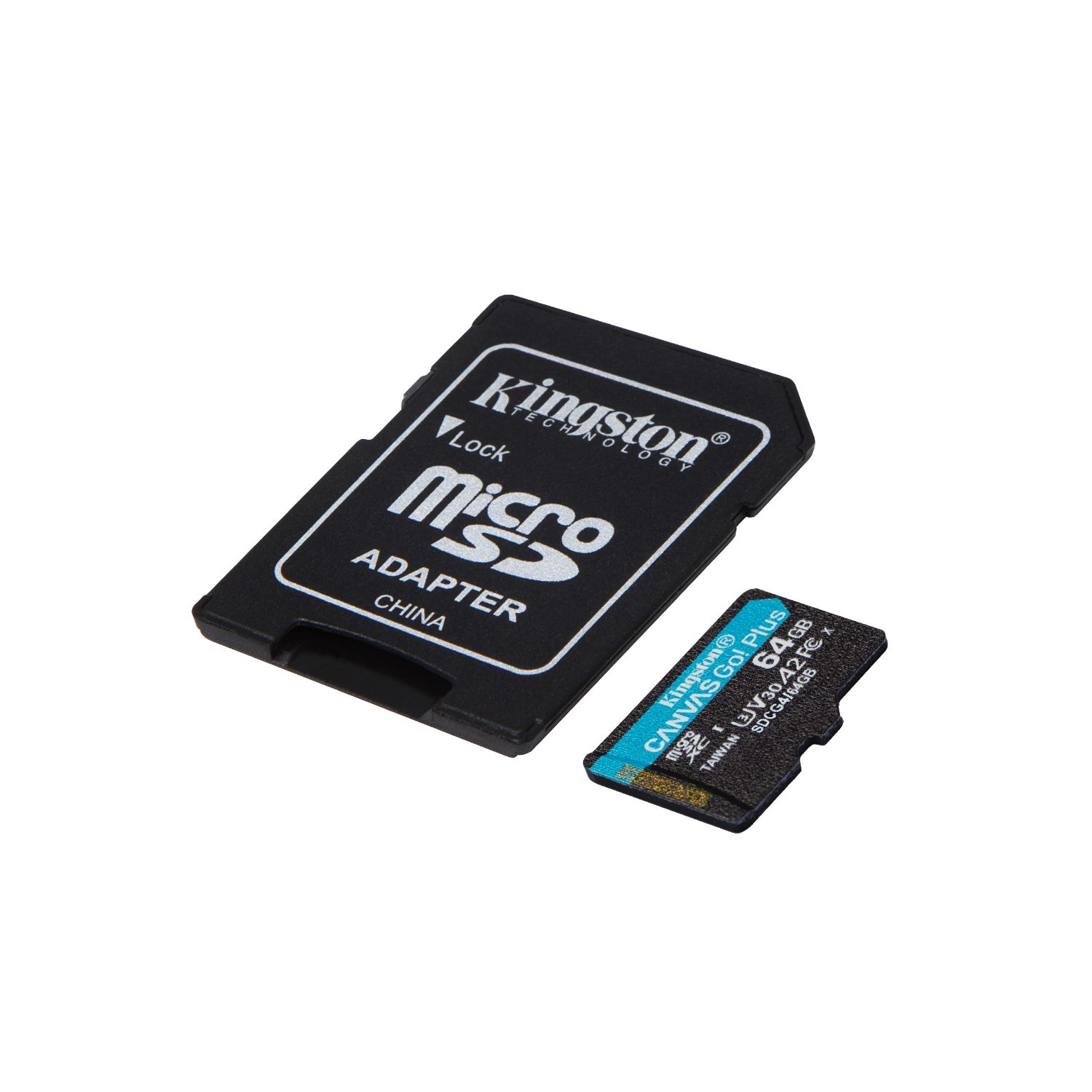 SDCG4/64GB - Tarjeta Memoria Kingston Micro SDXC Canvas Go Plus 200R 64Gb Clase 10 UHS-I Class 3 (U3) V30 A2 Lectura 200 Mb/s Negro/Turquesa + Adaptador SD (SDCG4/64GB)