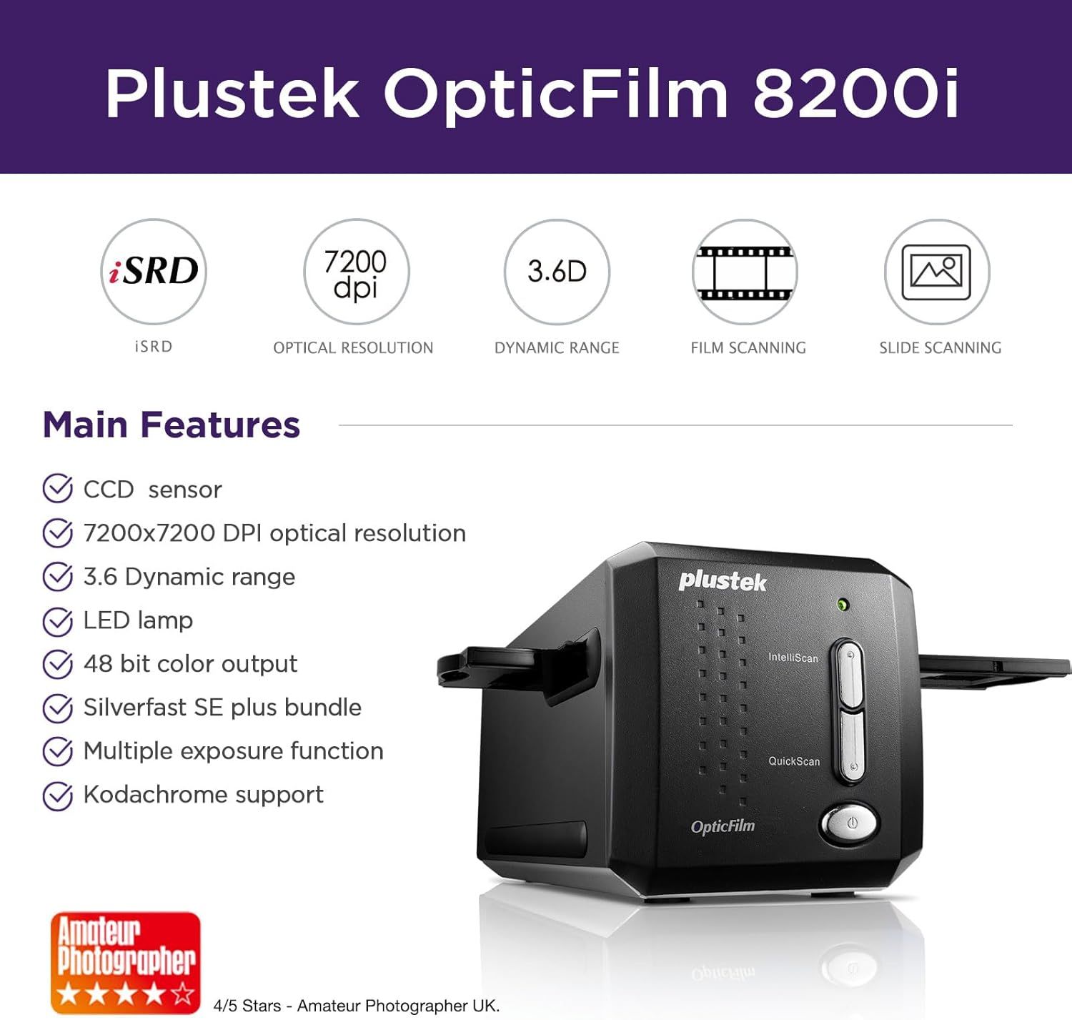 PLUS-OF-8200I-AI - Escaner de Negativos/Diapositivas PLUSTEK OpticFilm 8200i Ai Negro (PLUS-OF-8200I-AI)