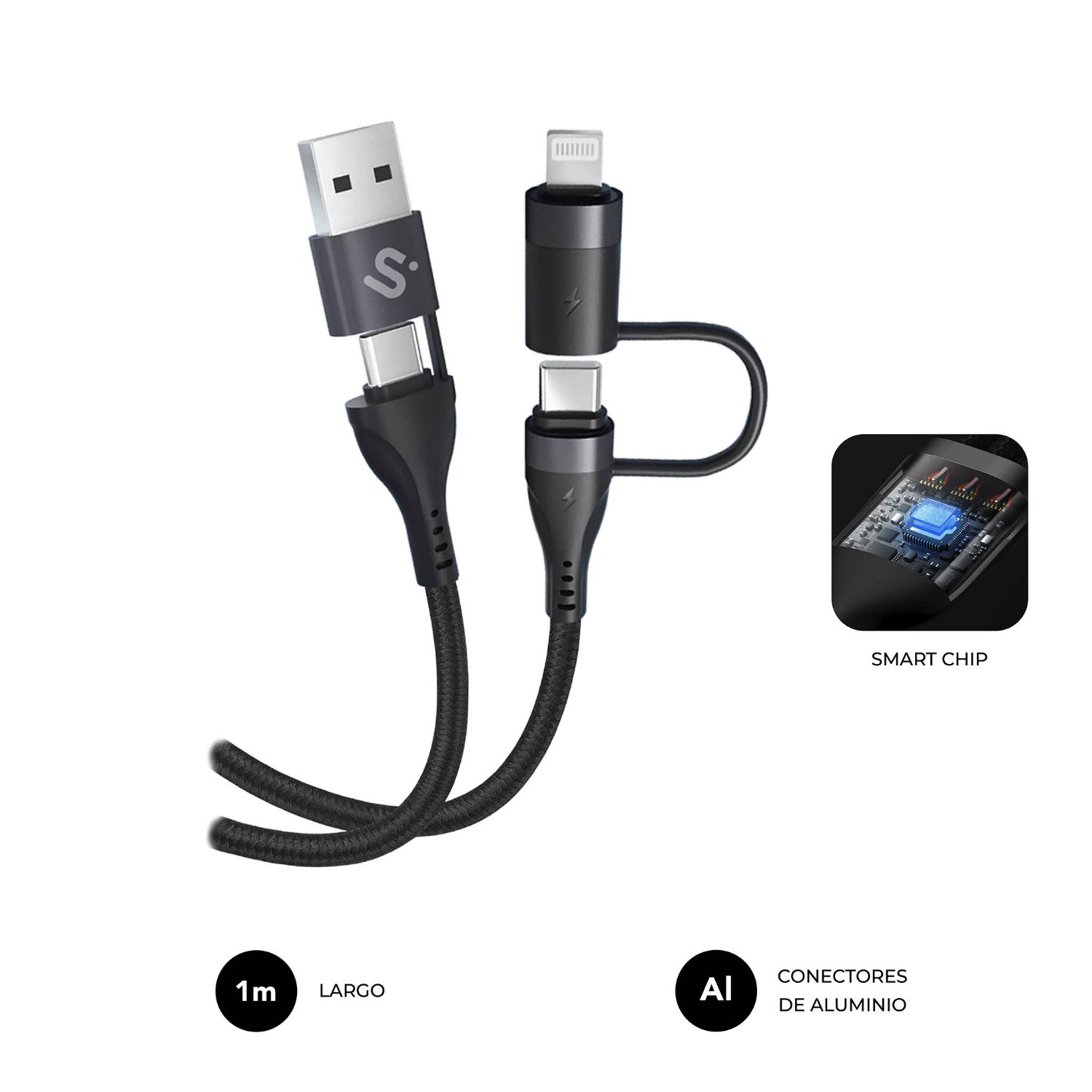 SUBCAB-4IN101 - Cable SUBBLIM USB-A/C/C/Lightning 60W 1m Negro (SUBCAB-4IN101)