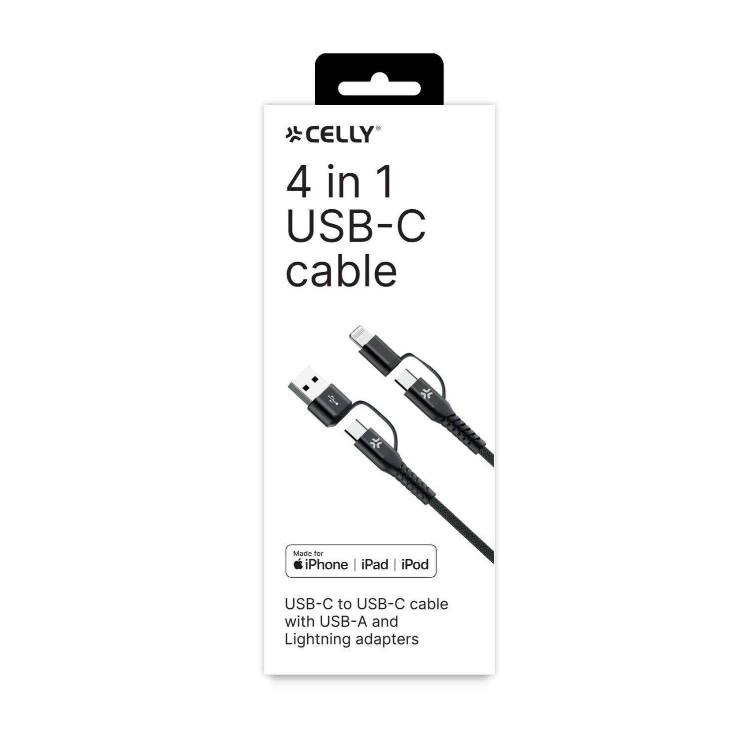 USBC4IN1BK - Cable CELLY 4en1 Usb-C a Usb-C +Adaptadores Usb-A/Lightning 60w (USBC4IN1BK)